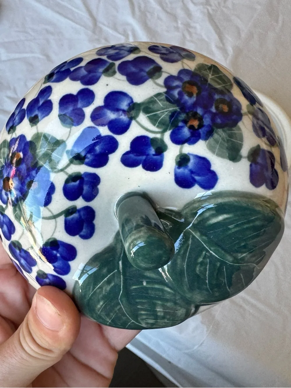 Polish Pottery Ceramic Apple Box with Blue Floral Pattern